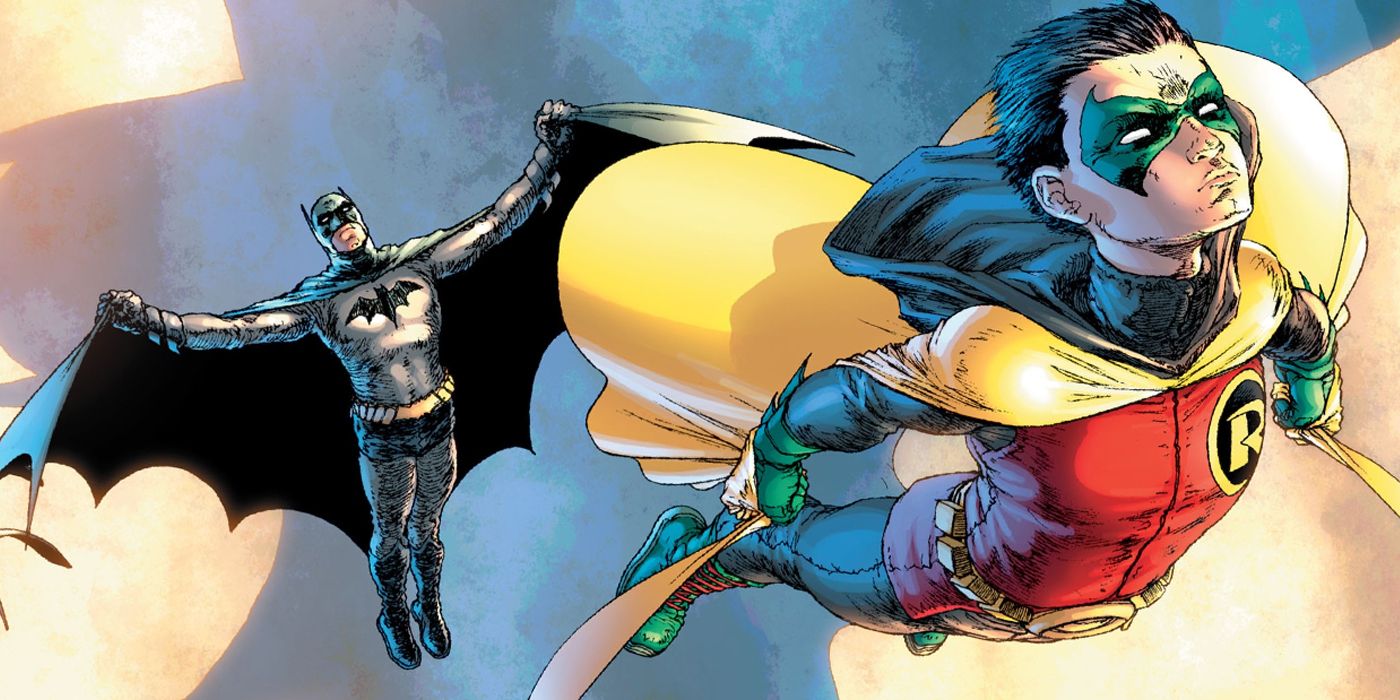 Dick Grayson and Damian Wayne gliding though the sky as Batman and Robin.