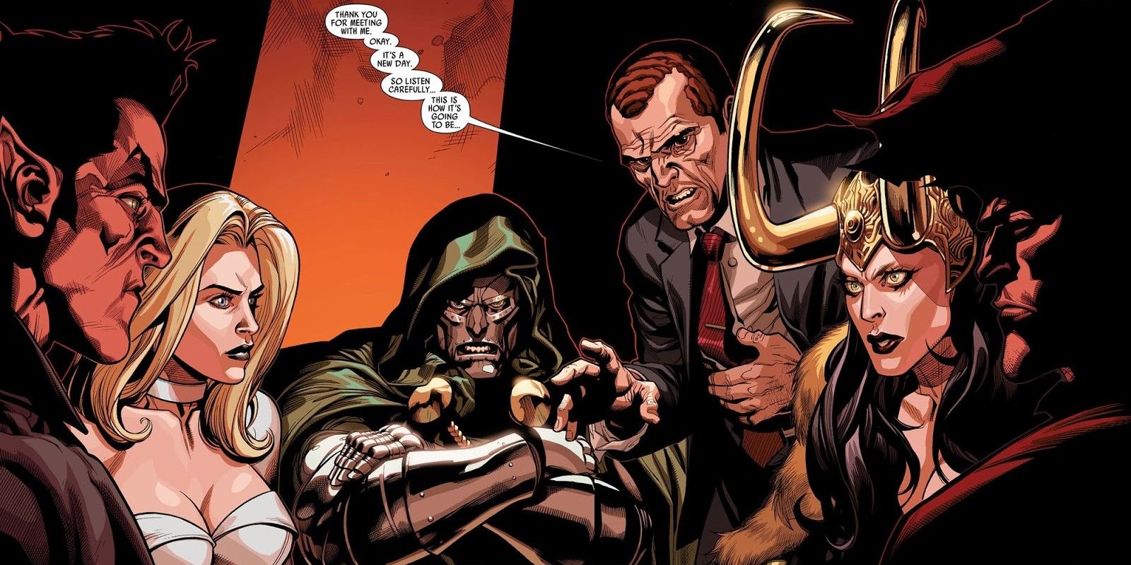 Norman Osborn gathers his Cabal (Namor, Emma Frost, Doctor Doom, Lady Loki, and the Hood) in Marvel's Dark Reign