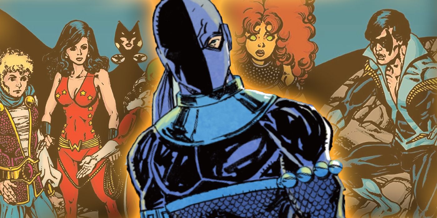 Deathstroke in front of the Teen Titans in DC Comics.