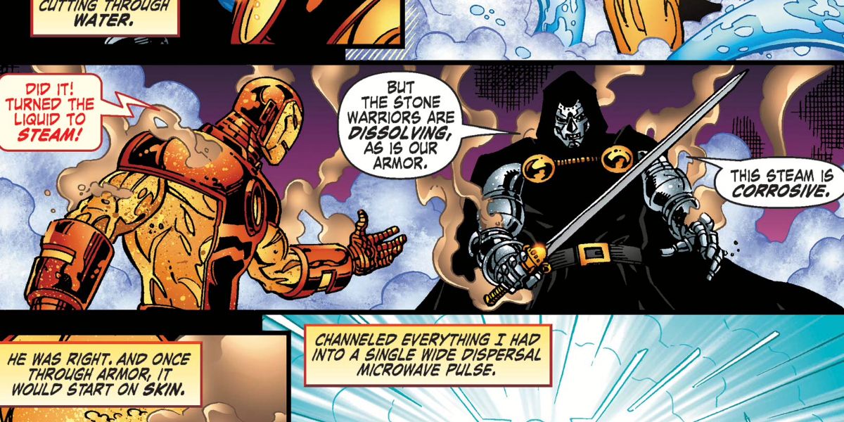 Doom and Iron Man discuss Excalibur