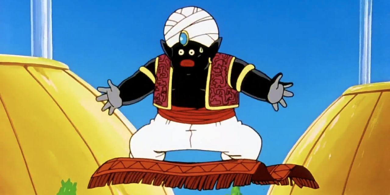 O Sr. Popo monta um tapete mágico em Dragon Ball.