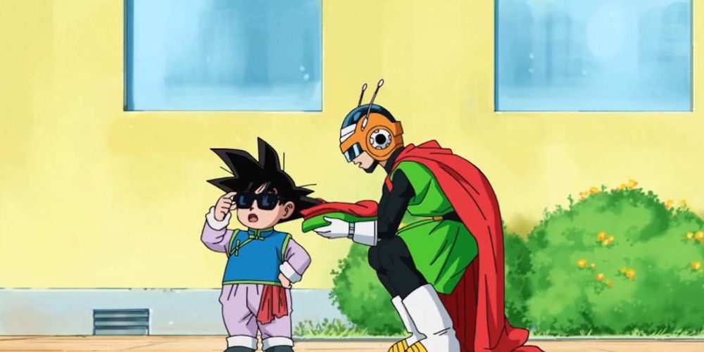Goten mocks Gohan in Great Saiyaman costume in Dragon Ball Super.