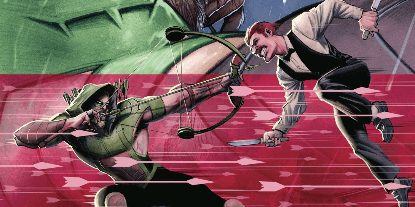 Green Arrow aiming at Eddie Fyers in DC Comics.