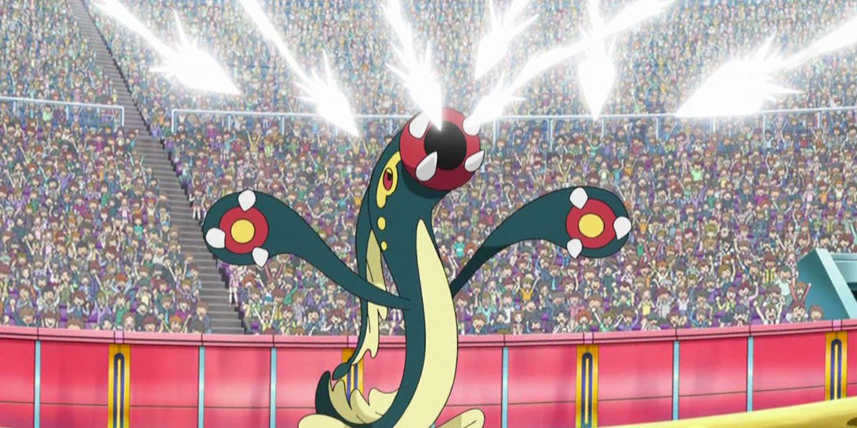 Eelektross posing in a stadium in the Pokemon anime