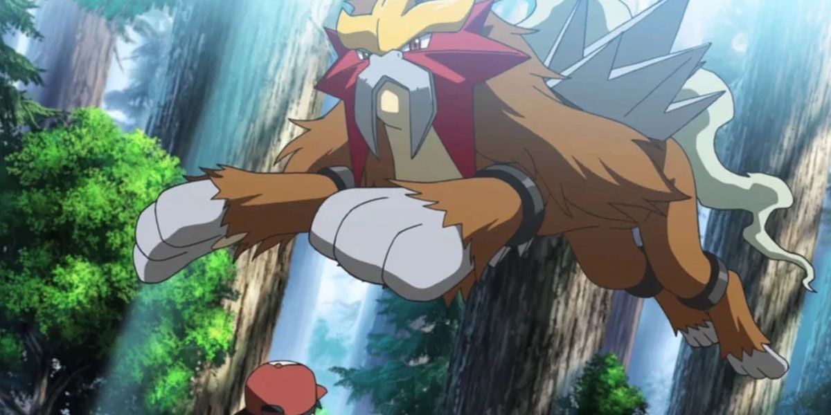 Entei leaps over Ash