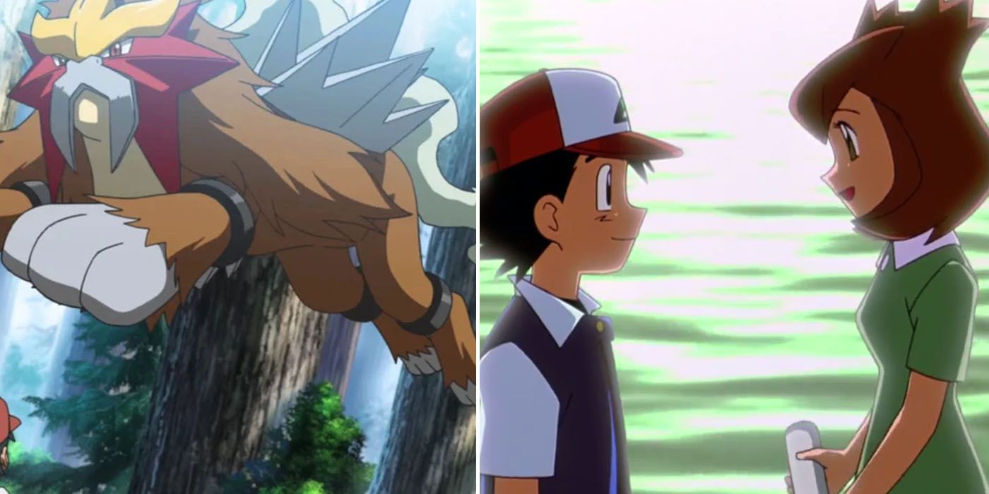 Entei leaps away as Ash talks to Latias