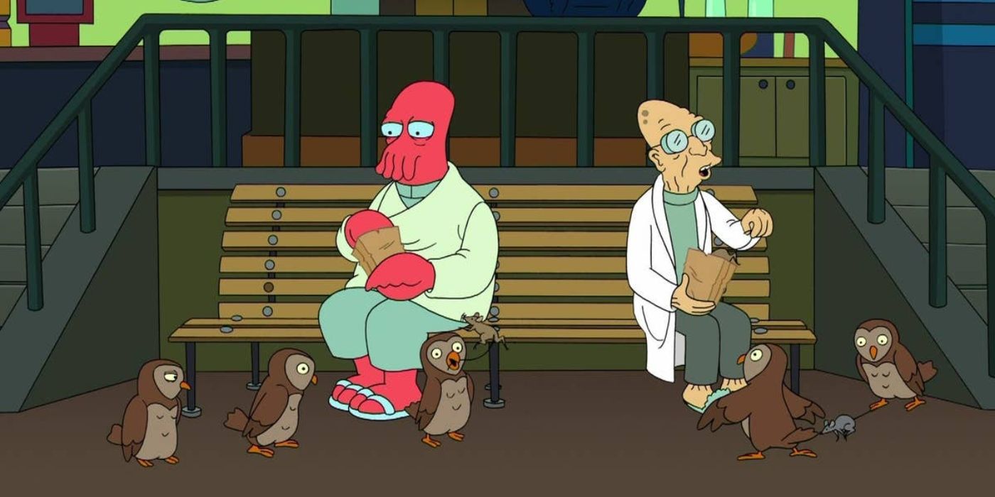 Futurama's Zoidberg and Professor Farnsworth sit on a bench feeding owls