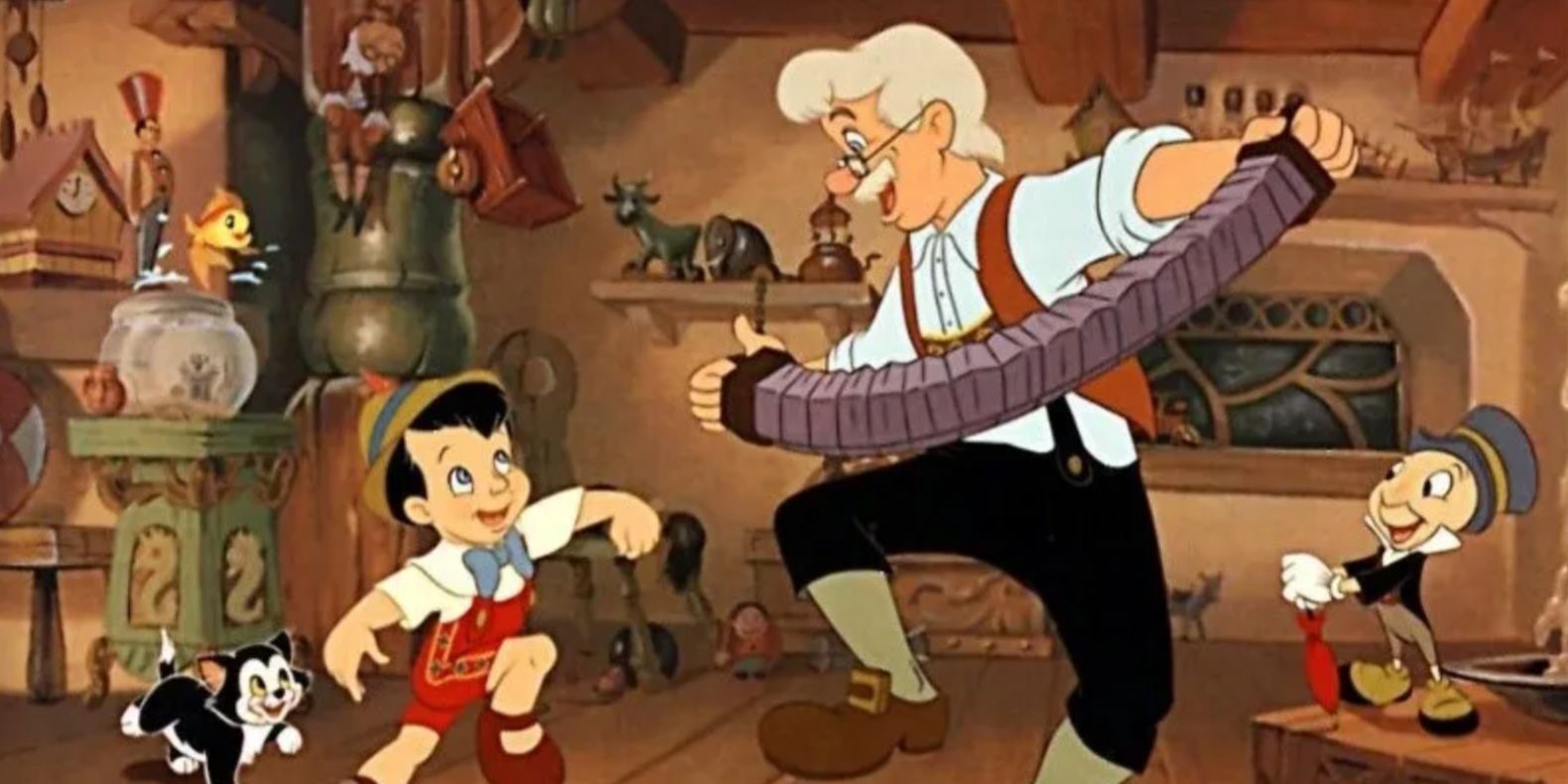 Pinocchio dancing to music.