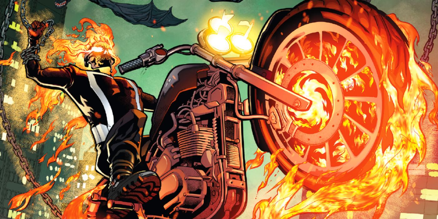 Ghost Rider on his flaming cycle in Marvel Comics