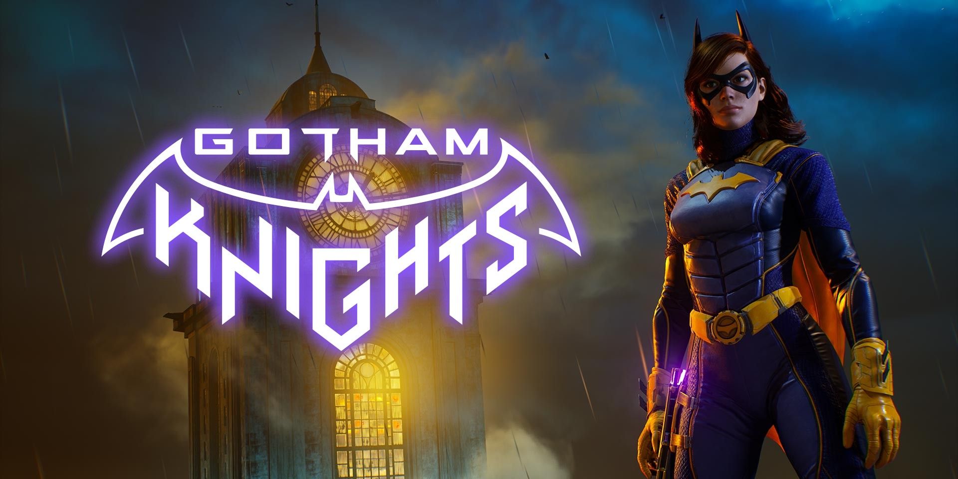 Batgirl in front of the Gotham Knights sign.