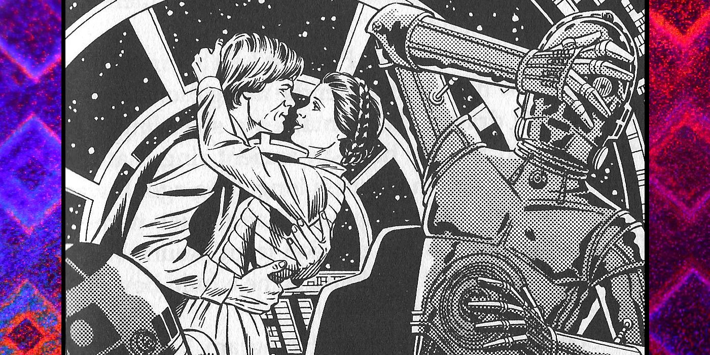 Han and Leia Embrace in the Millennium Falcon's Cockpit While C-3PO Averts His Eyes