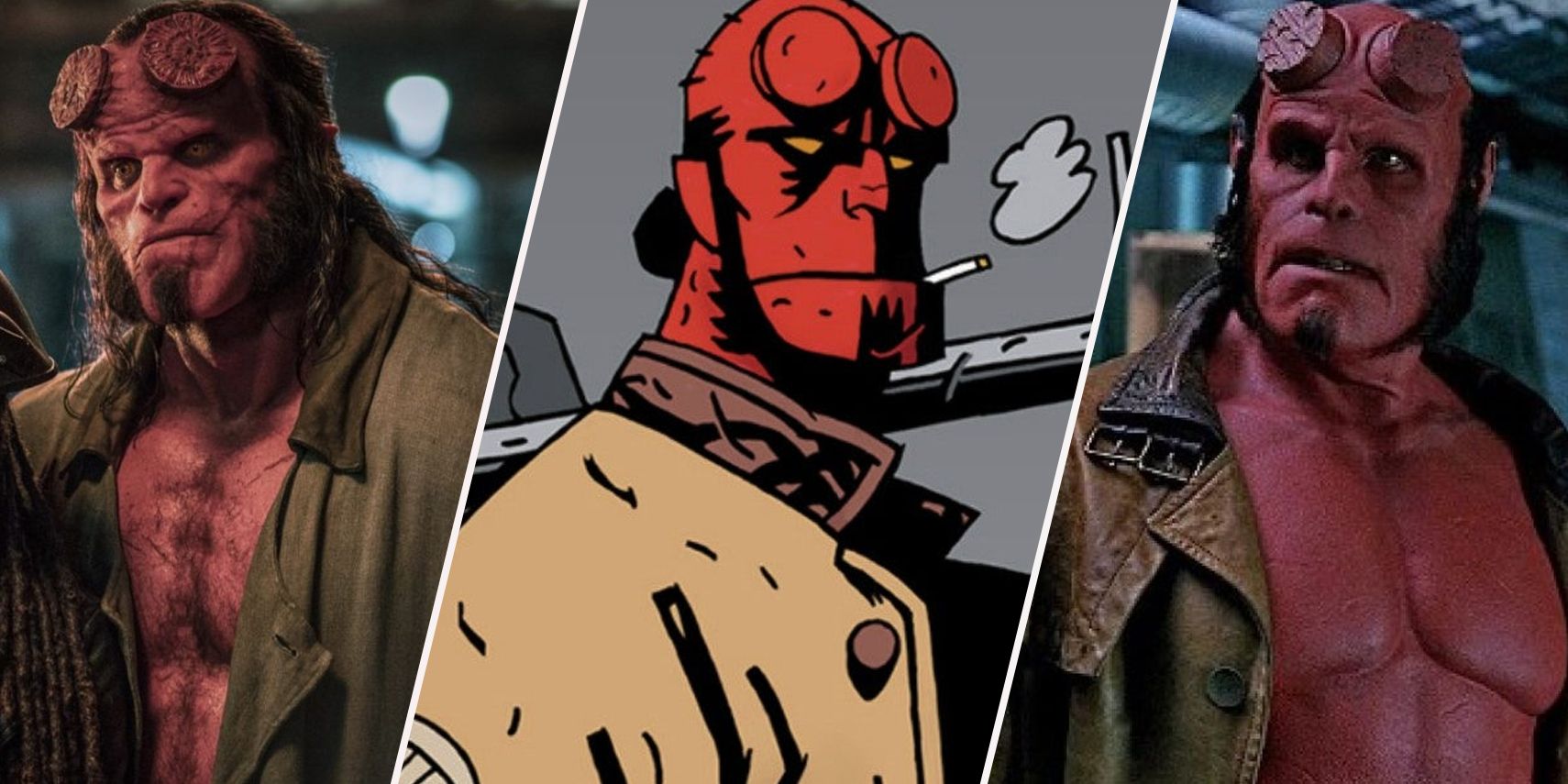 A split image of David Harbour's Hellboy, Dark Horse Comics' Hellboy, and Ron Perlman's Hellboy