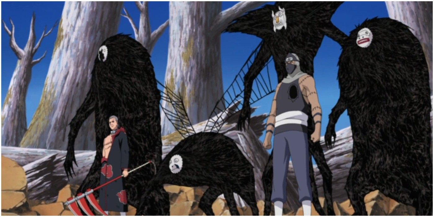 Kakuzu standing with his hearts and Hidan in Naruto.