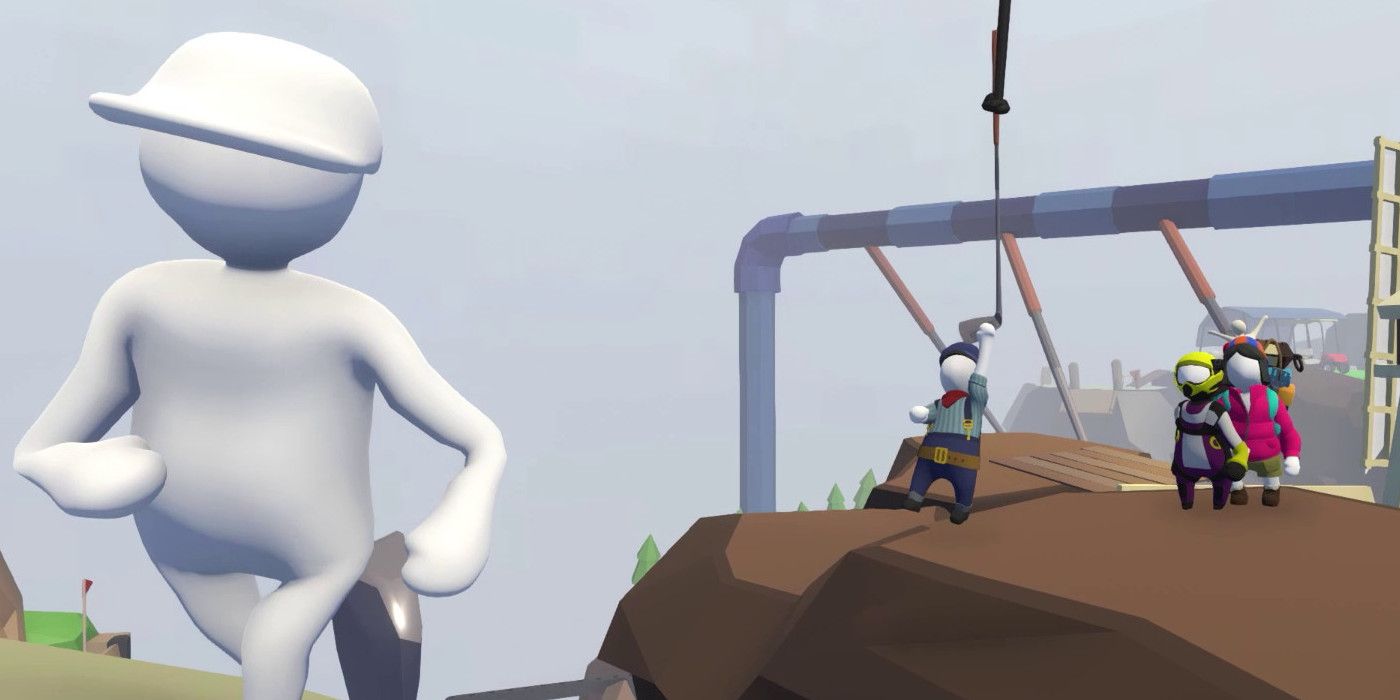 Four characters attempt to cross a gap in Human Fall Flat