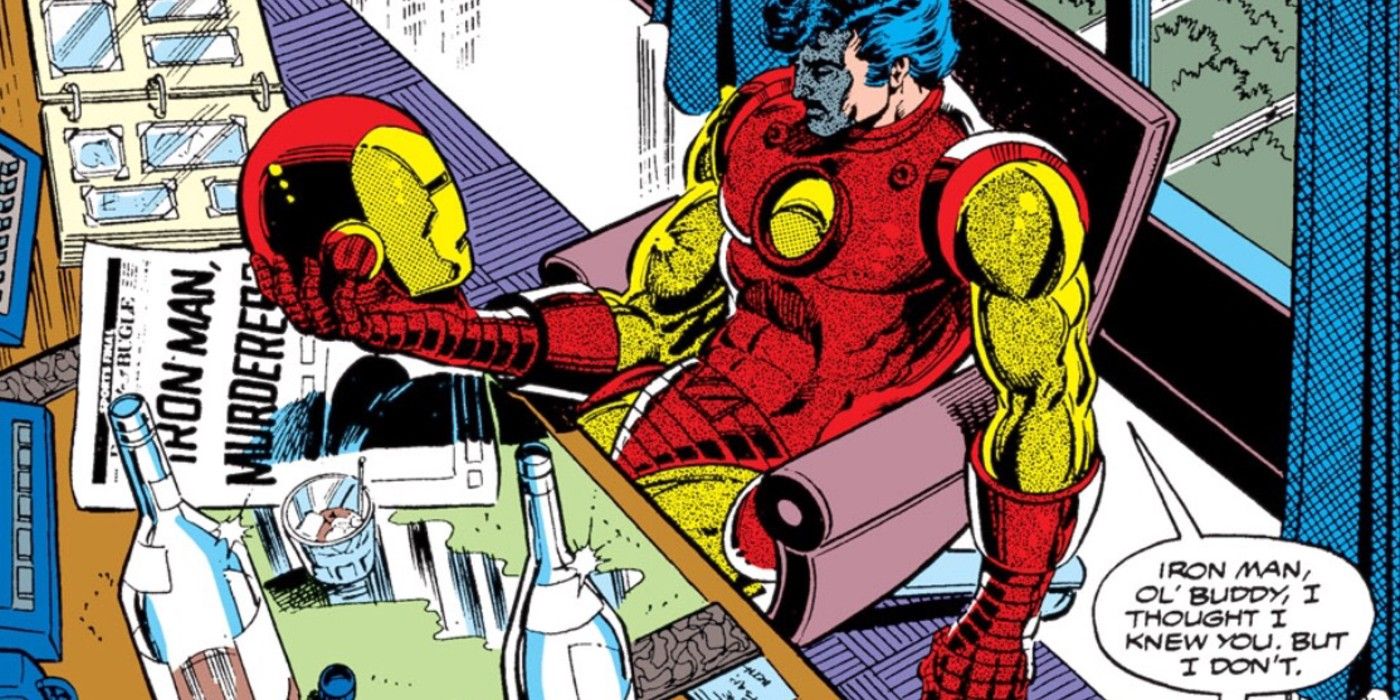 Tony Stark holding his Iron Man helmet while drinking alcohol in Marvel Comics.