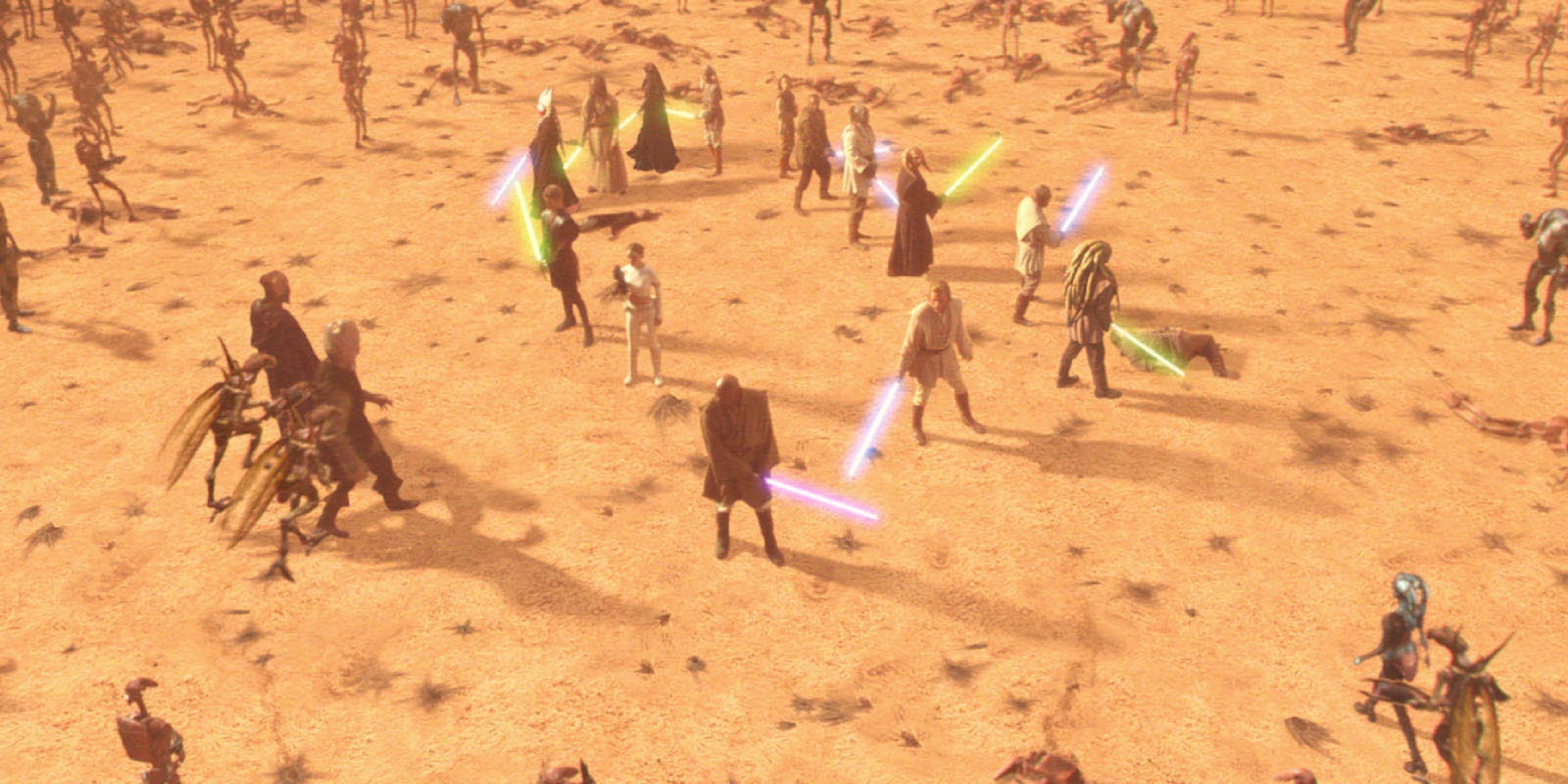 In Attack of the Clones, the Jedi on Geonosis form a protective ring to defend against the droids.
