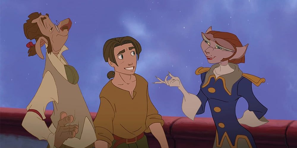 Jim, Dr. Doppler, and Captain Amelia talking in Treasure Planet