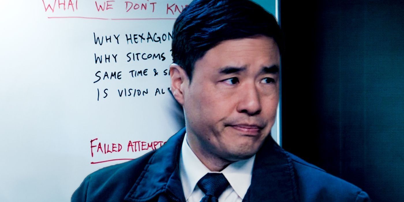 Jimmy Woo standing next to the board with questions in WandaVision