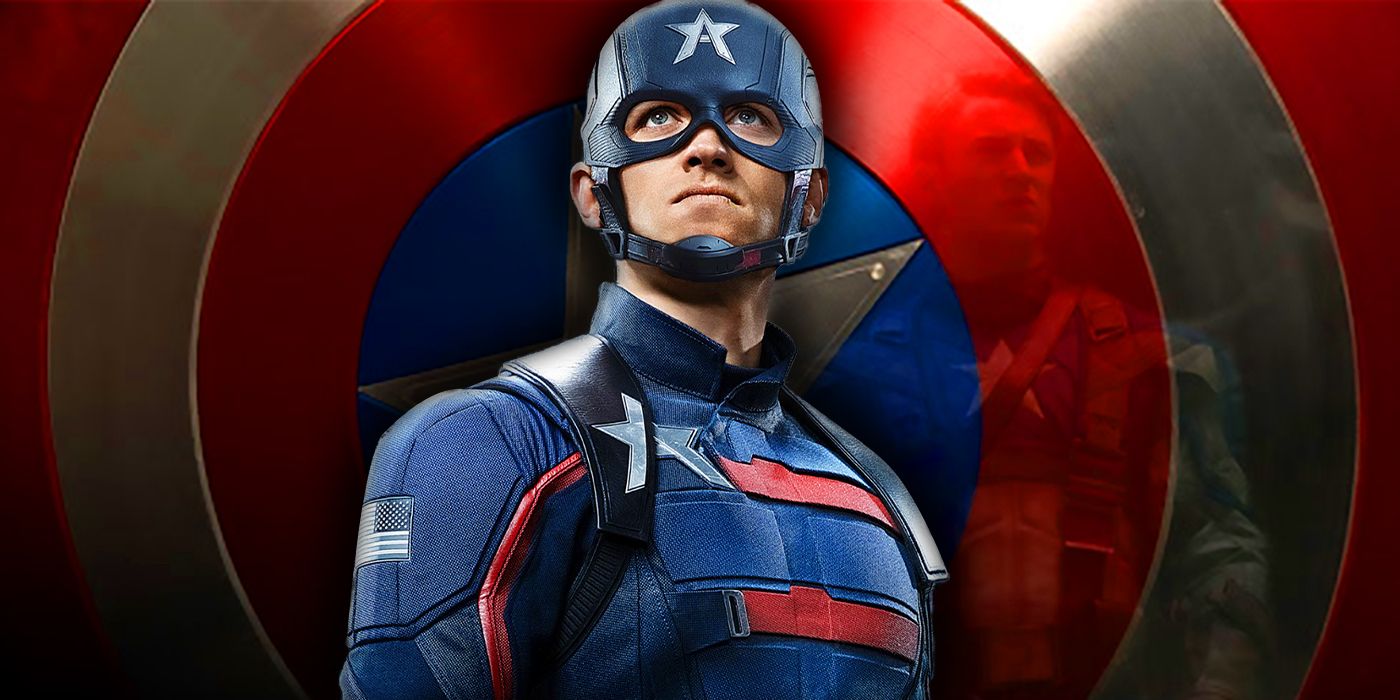 John Walker Standing Proudly In Front Of Captain America's Shield