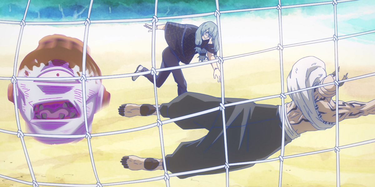 Mahito and Hanami play football/soccer with Jogo's severed head in Jujutsu Kaisen. 