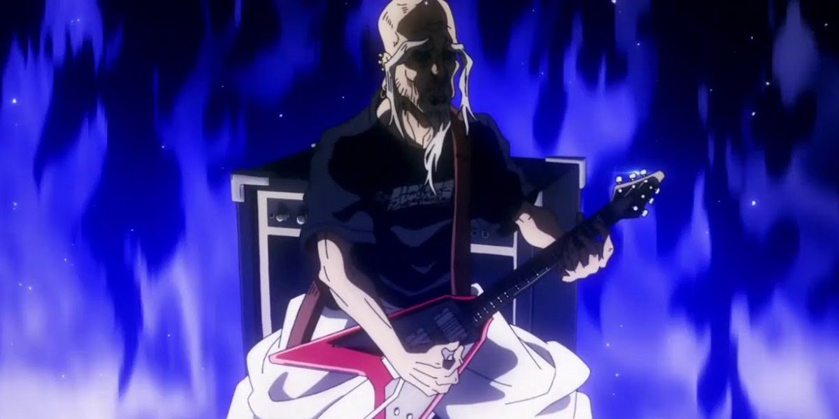 Yoshinobu Gakuganji from Jujutsu Kaisen amplifies his cursed energy with his guitar.