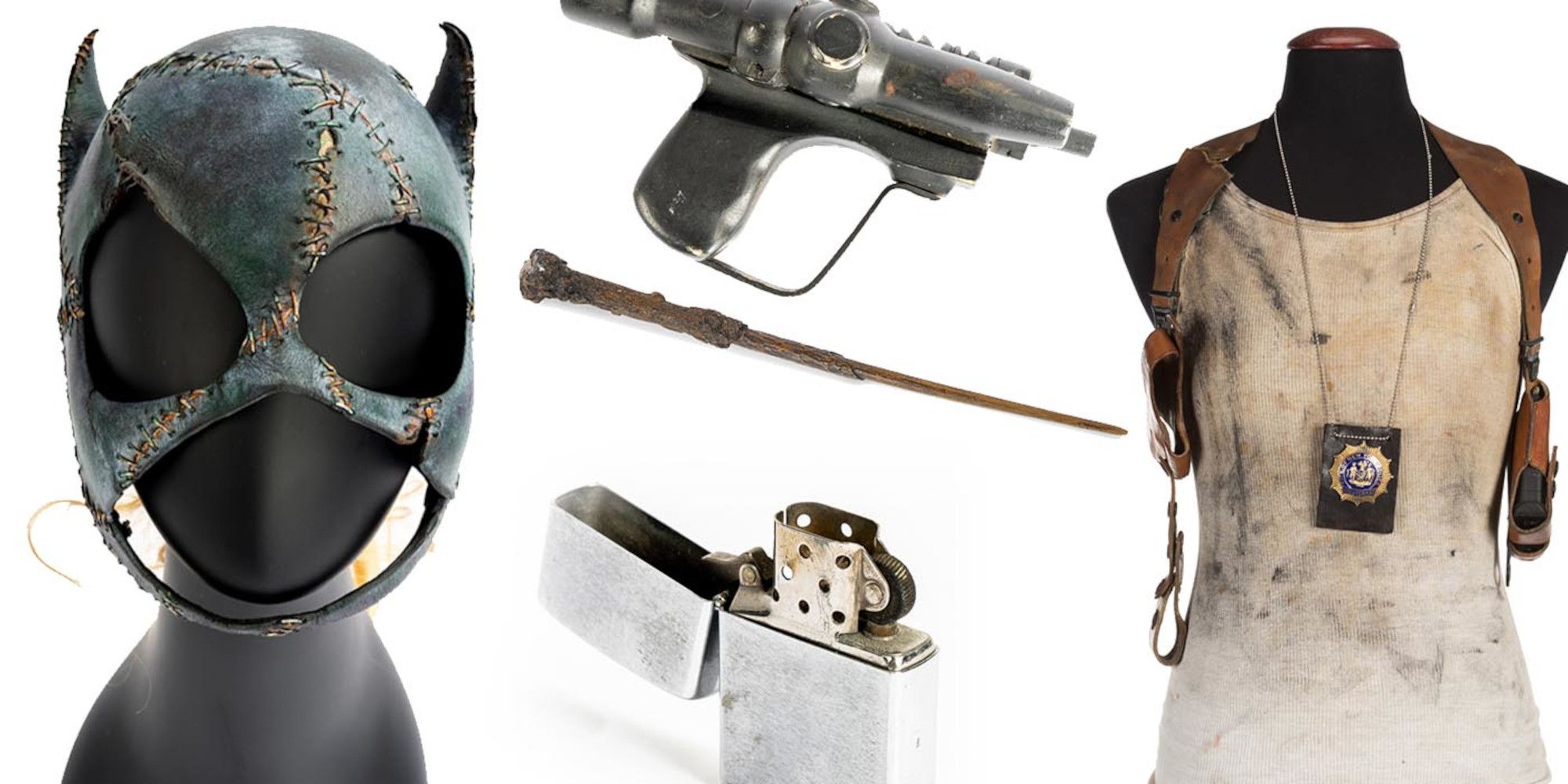 Julien's Auction header - Catwoman's cowl from Batman Returns, Die Hard police badge, Edward Scissorhands gloves