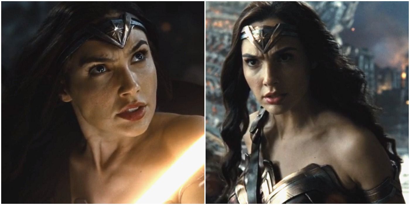 a photo collage of gal gadot as wonder woman in zack snyder's justice league