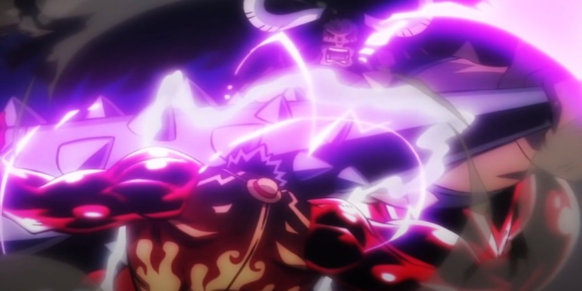 Kaido nailing Luffy with his club in One Piece.