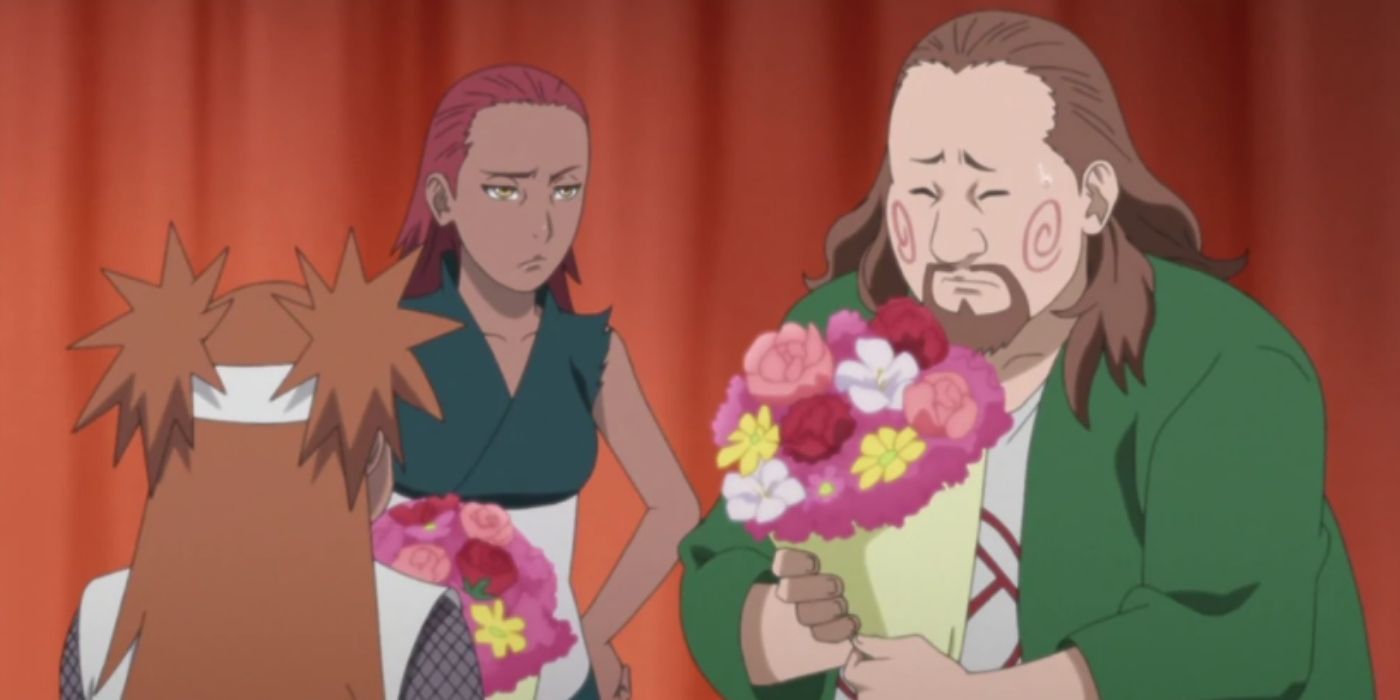 Karui and Choji with flowers in front of Chocho in Boruto