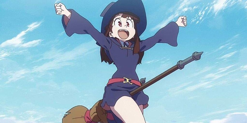 little witch academia atsuko kagari flying on a broom