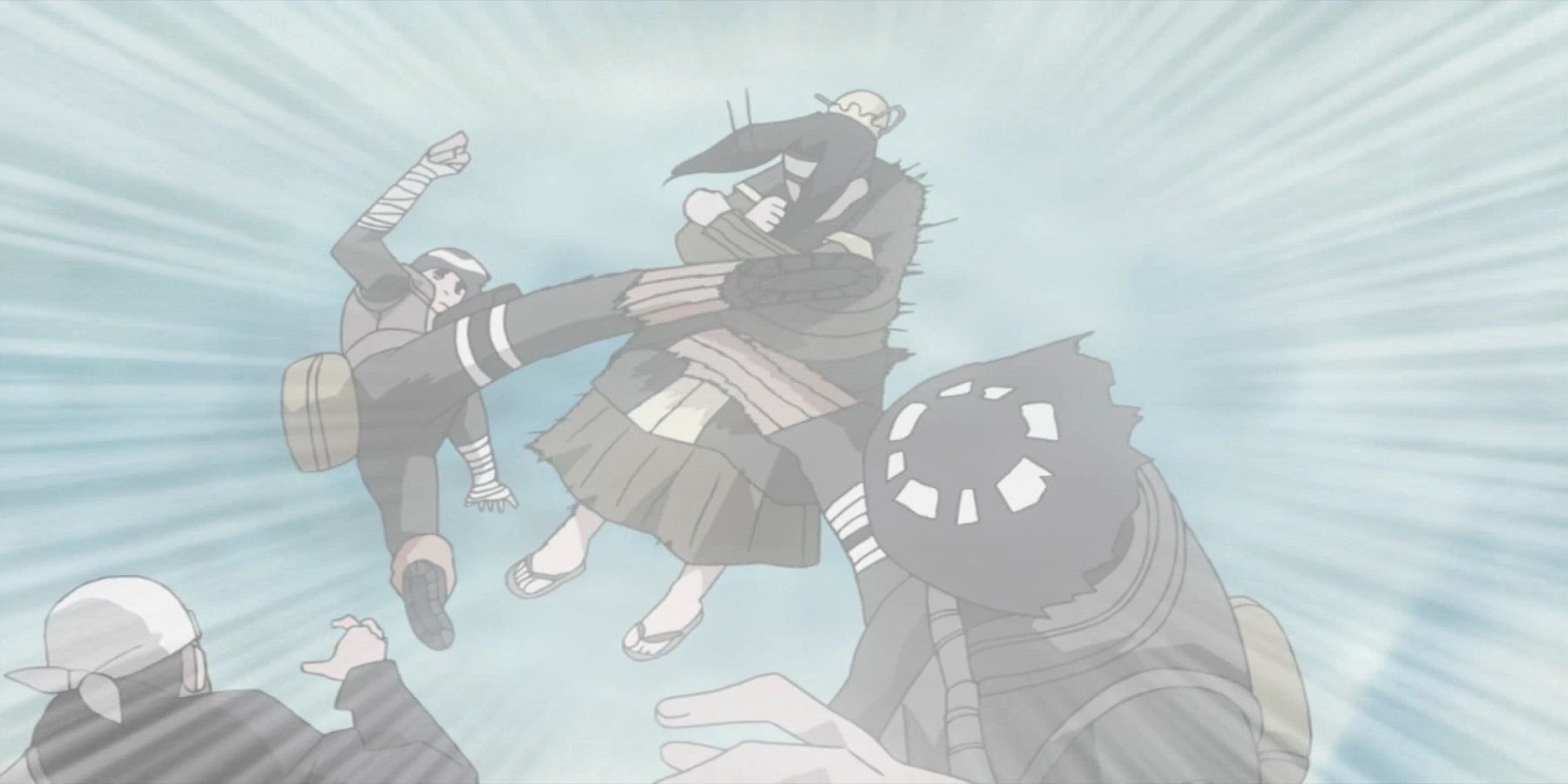 Rock Lee uses Leaf Whirlwind on Haku in Naruto Shippuden.