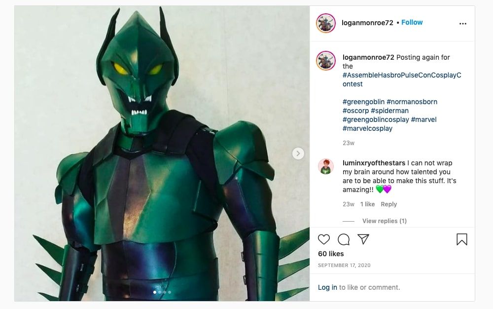 Logan Monroe cosplaying the Green Goblin
