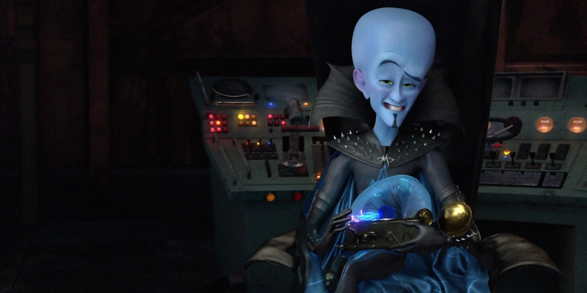 Megamind sitting in his chair in the movie Megamind
