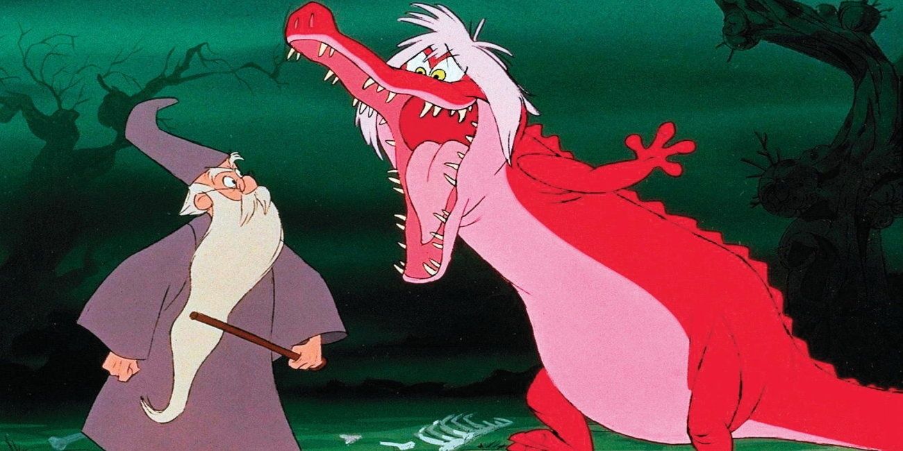 Merlin battling a dragon in The Sword in the Stone