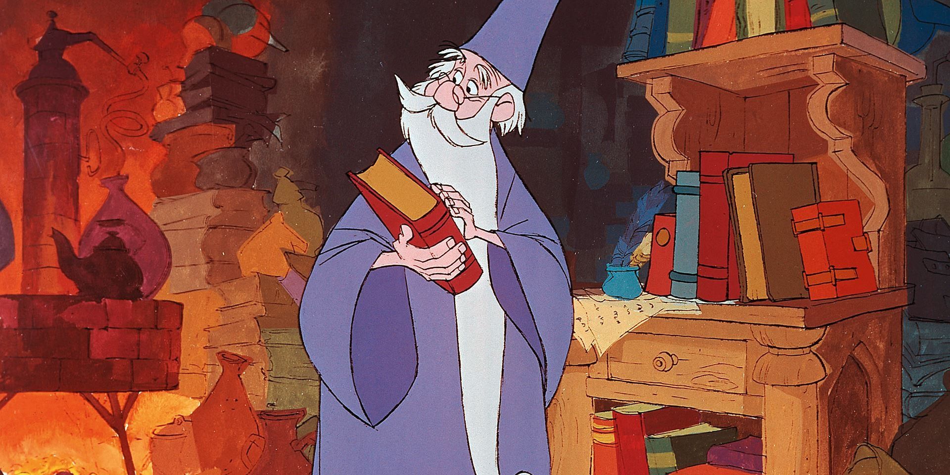 Merlin holding a book in The Sword in the Stone