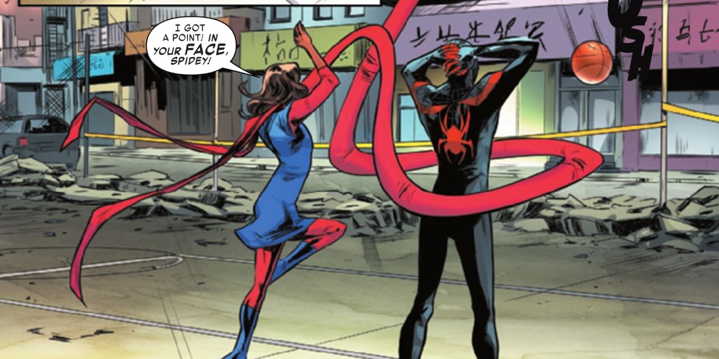 Ms. Marvel and Miles Morales play basketball in Marvel Comics
