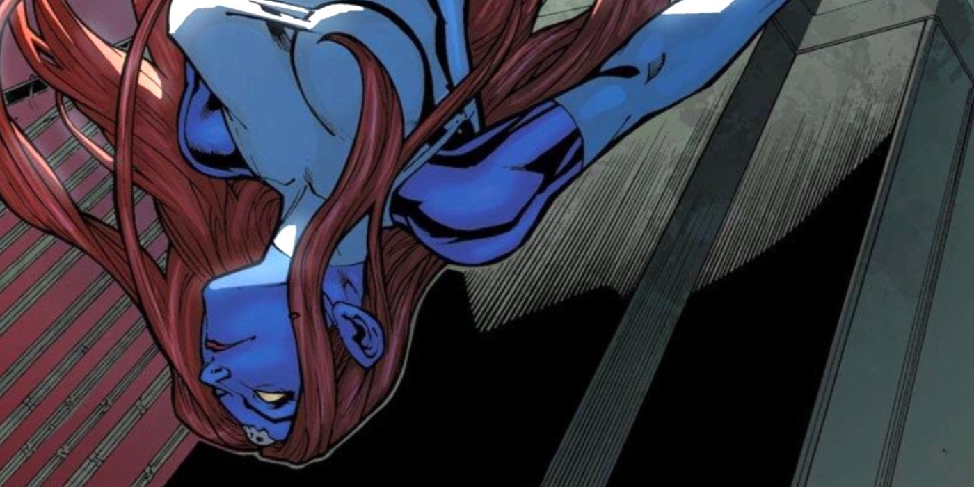 Mystique backflips off of a building with confidence