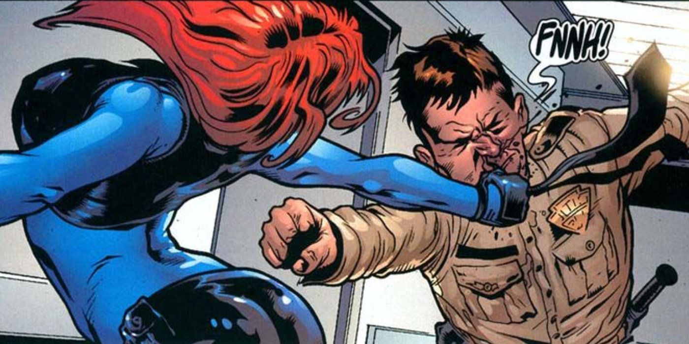 Mystique knocks out a security guard with a brutal hit
