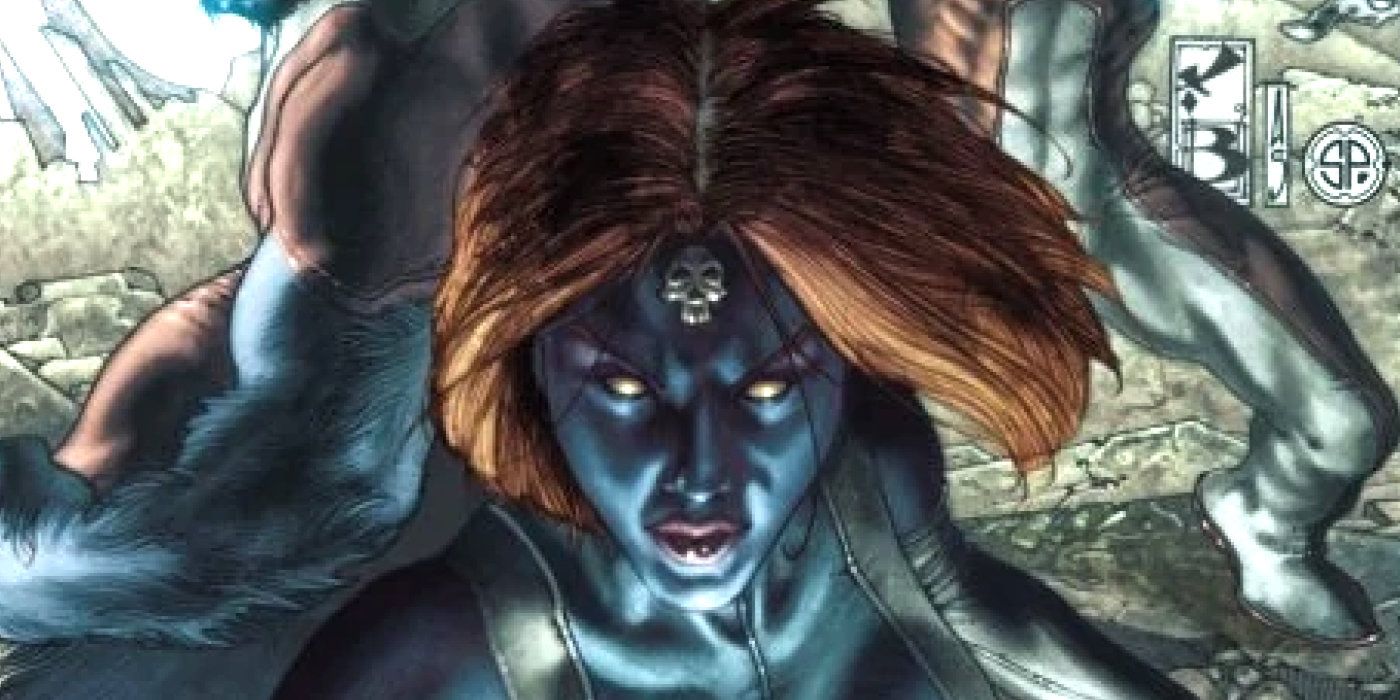 A close up portrait of Mystique, the shapeshifting mutant