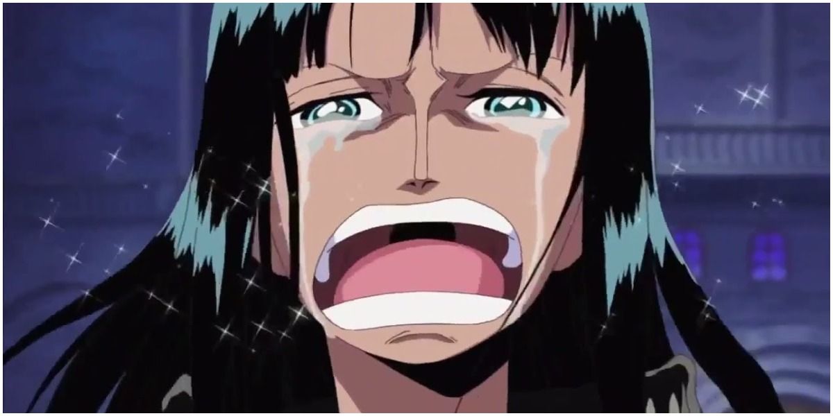 Nico Robin crying while she tells Luffy that she wants to live.