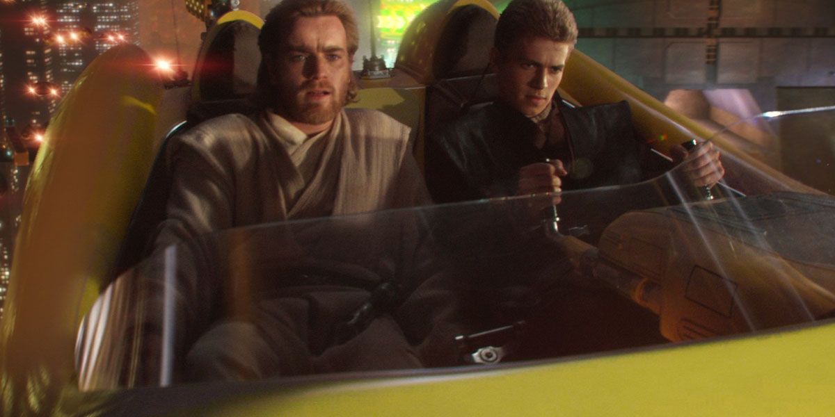 Obi-Wan and Anakin in a vehicle