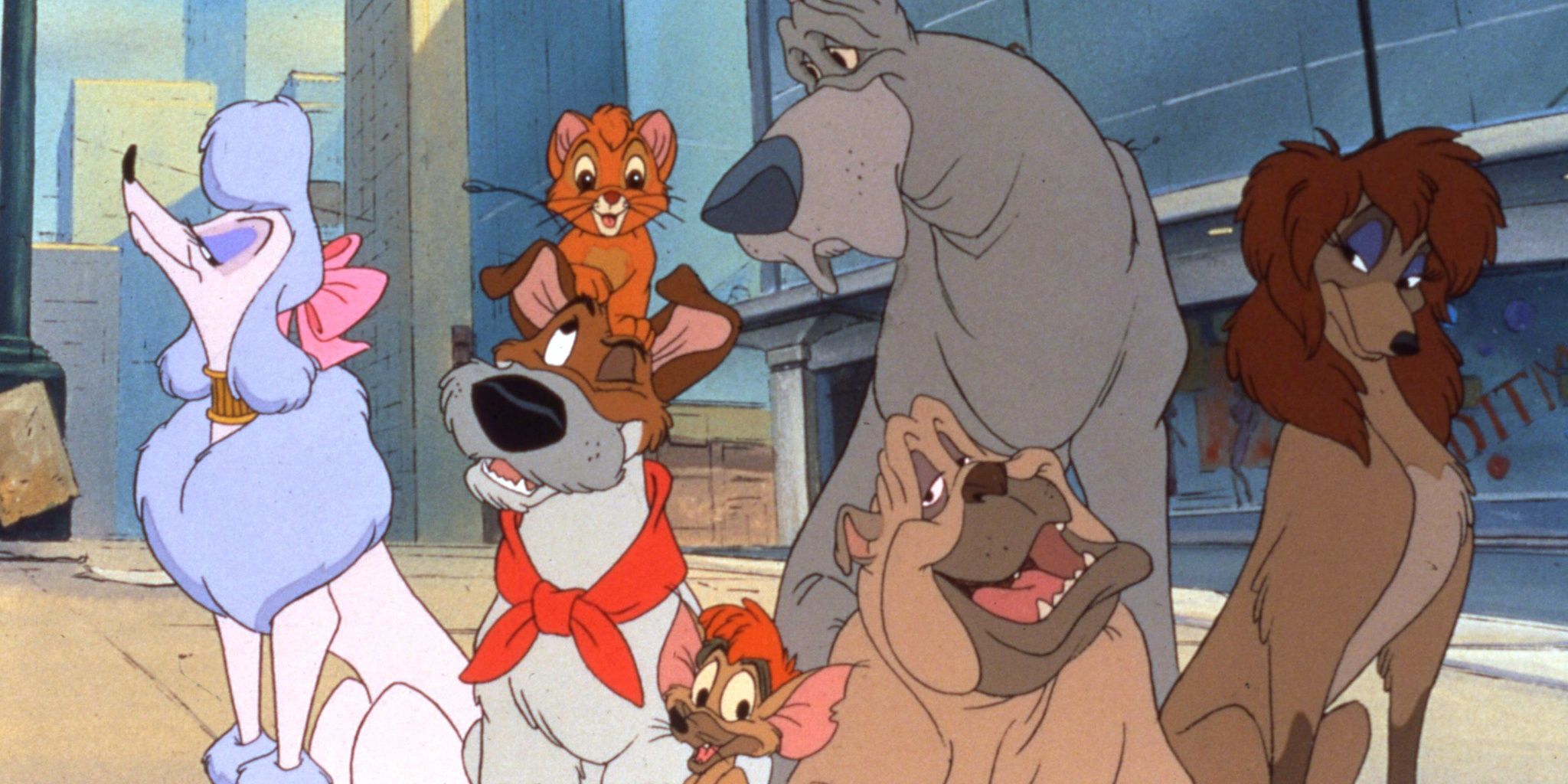 Oliver sitting with the dogs in Oliver & Company