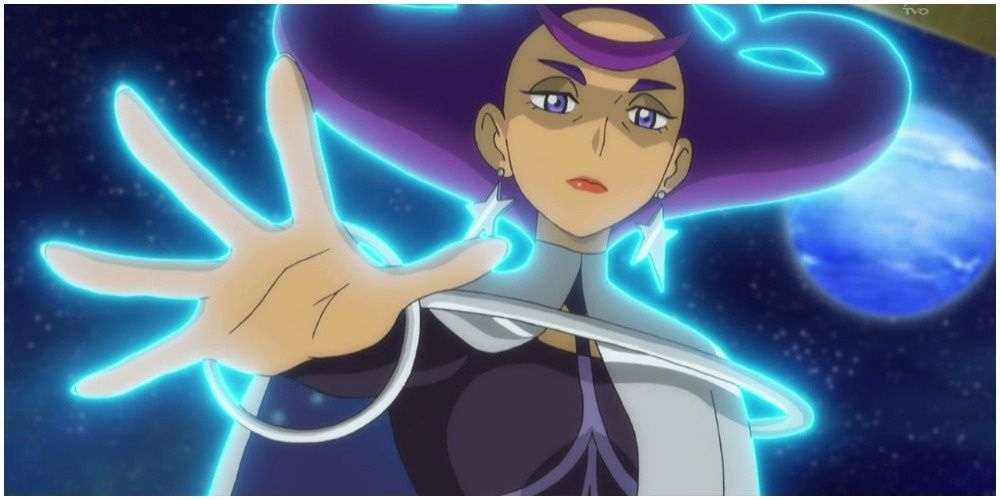 Anistar Gym Leader Olympia reaching forwards in the pokemon anime