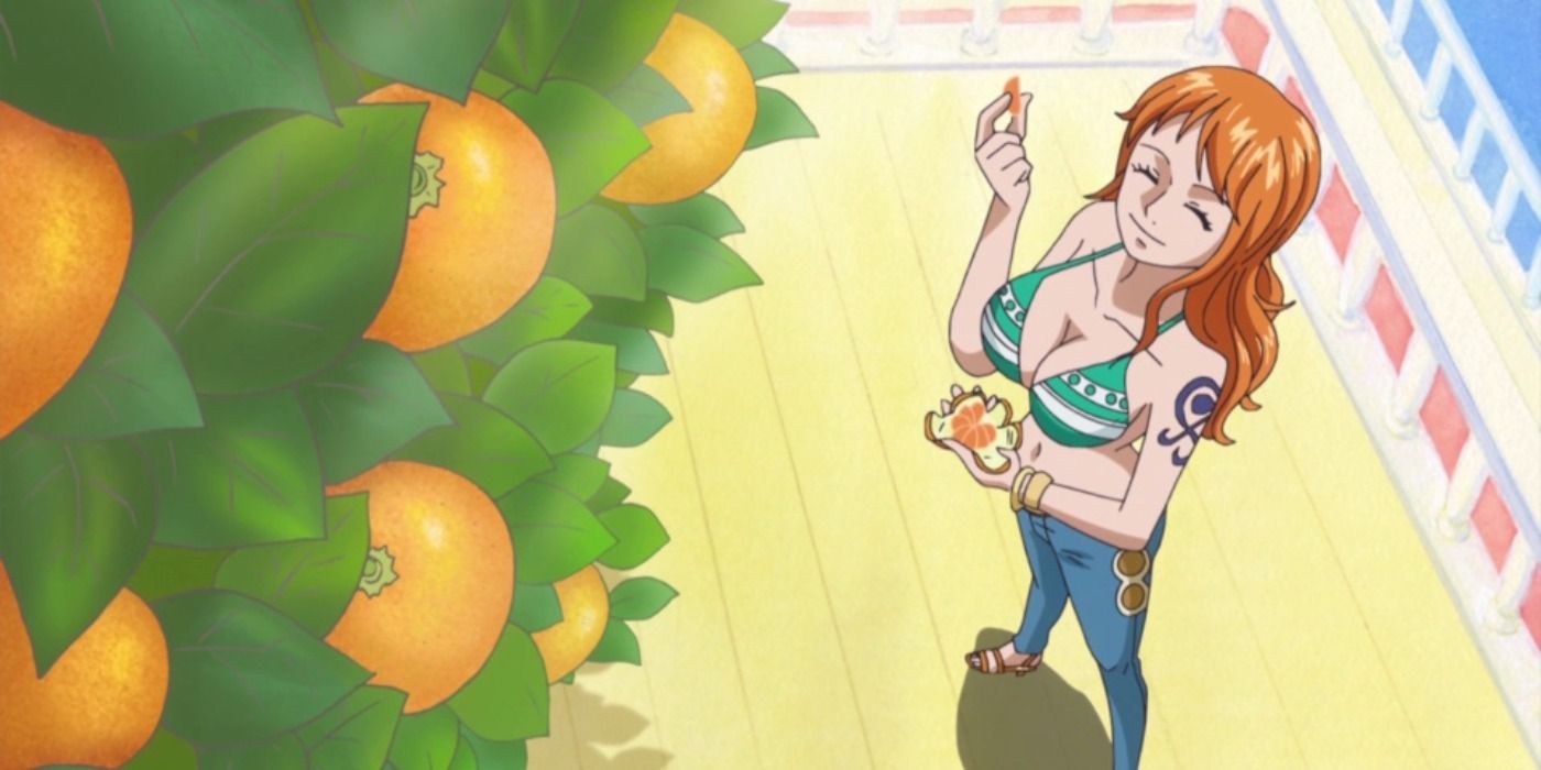 Nami smiling and eating oranges in One Piece.