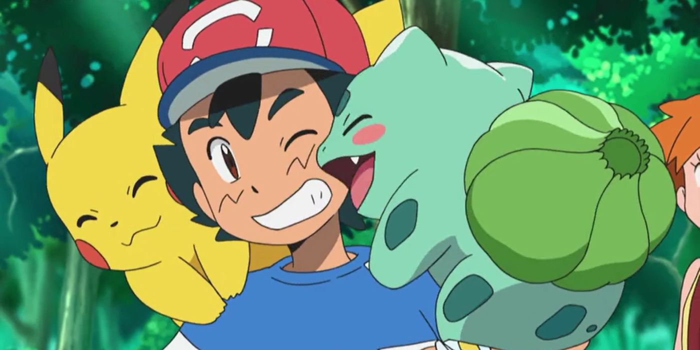 Ash with Pikachu and Bulbasur hugging him in Pokémon.