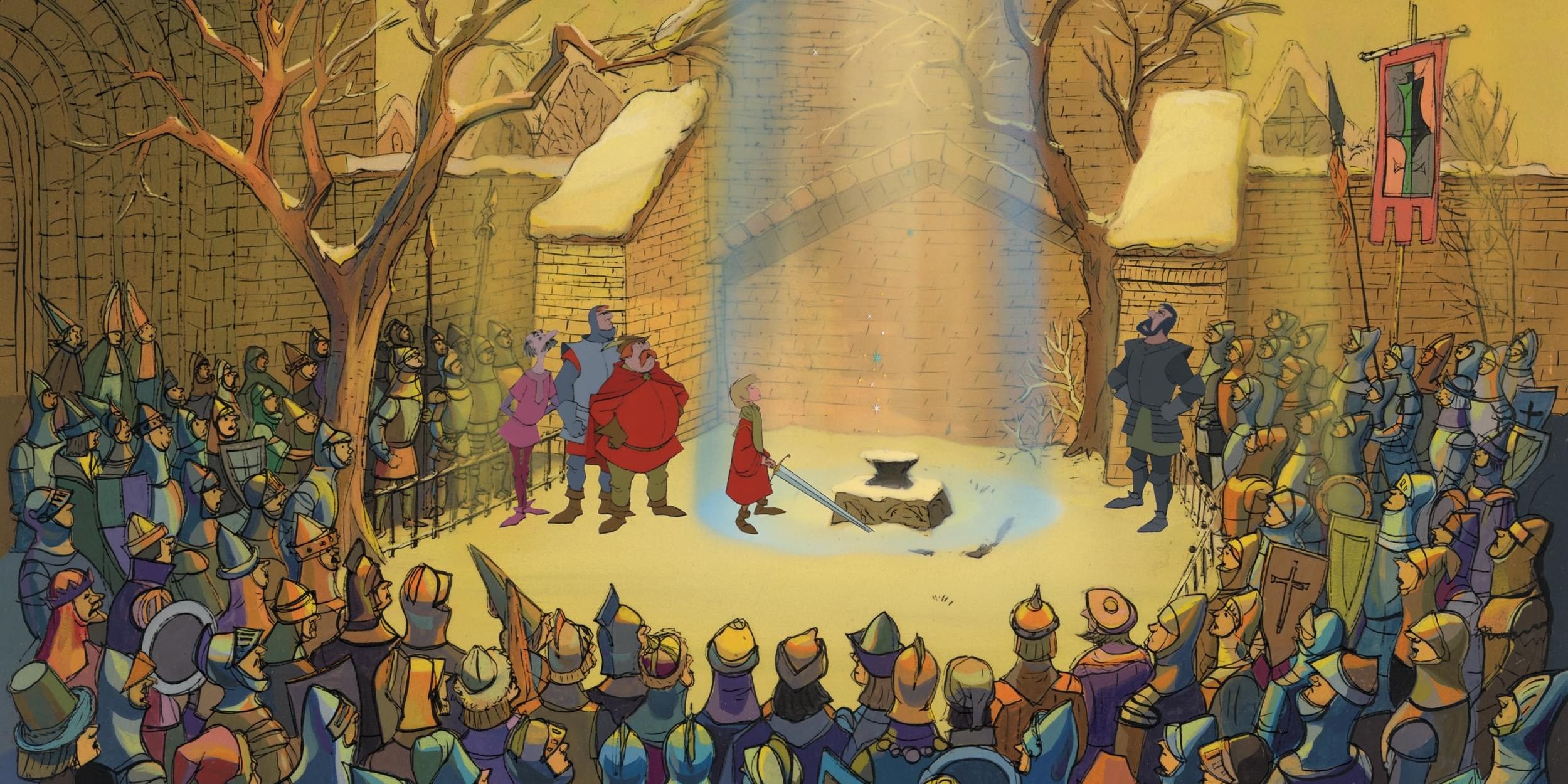 People gathered in a crowd in The Sword in the Stone
