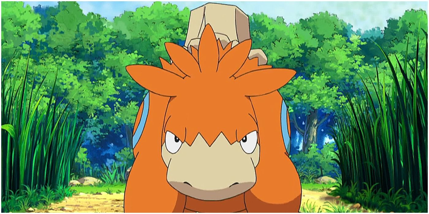 Camerupt surrounded by grasslands in the Pokémon anime