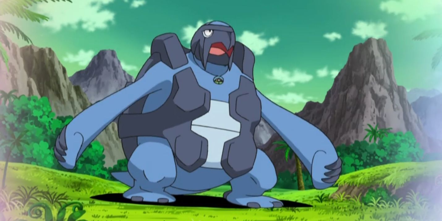 Carracosta standing in a prehistoric-inspired plain in the Pokémon anime.