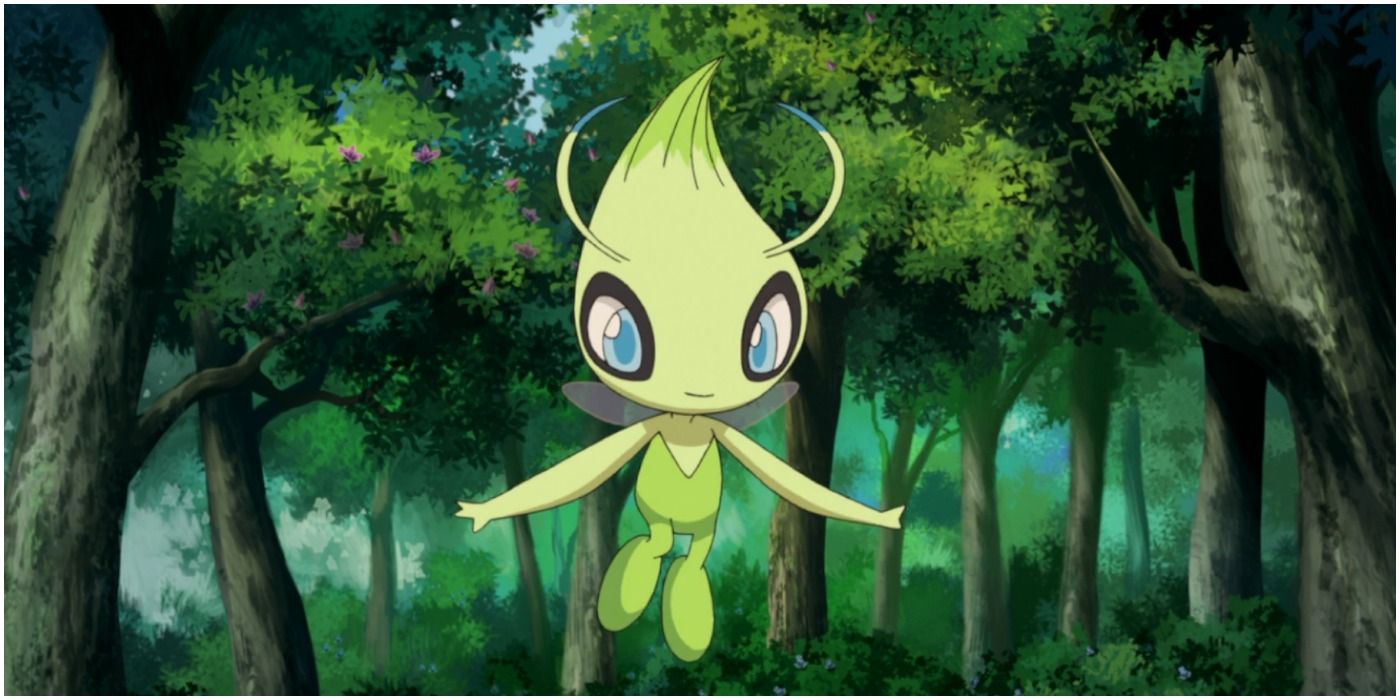 Celebi flutuando em uma floresta no anime Pokémon.