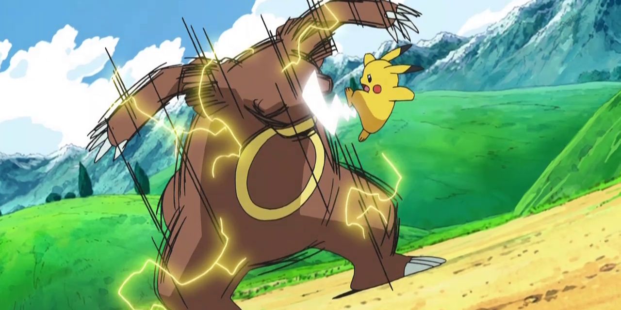 Pikachu paralisa Ursaring no anime Pokémon